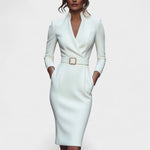 Kate | Refined black dress with belt and mandarin collar