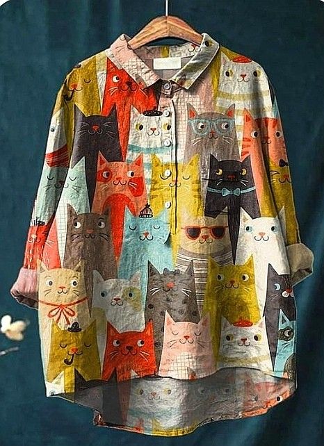 Paula | Women's Casual Blouse Featuring Artistic Cat Design