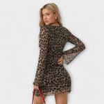 Leopard Print Mesh Dress with Bell Sleeves