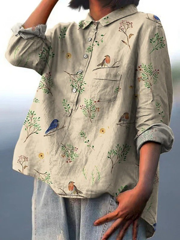 Lotte | Women's Casual Blouse Featuring Branch and Robin Design