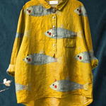 Martha | Vintage-Inspired Casual Blouse Featuring Fish Artwork