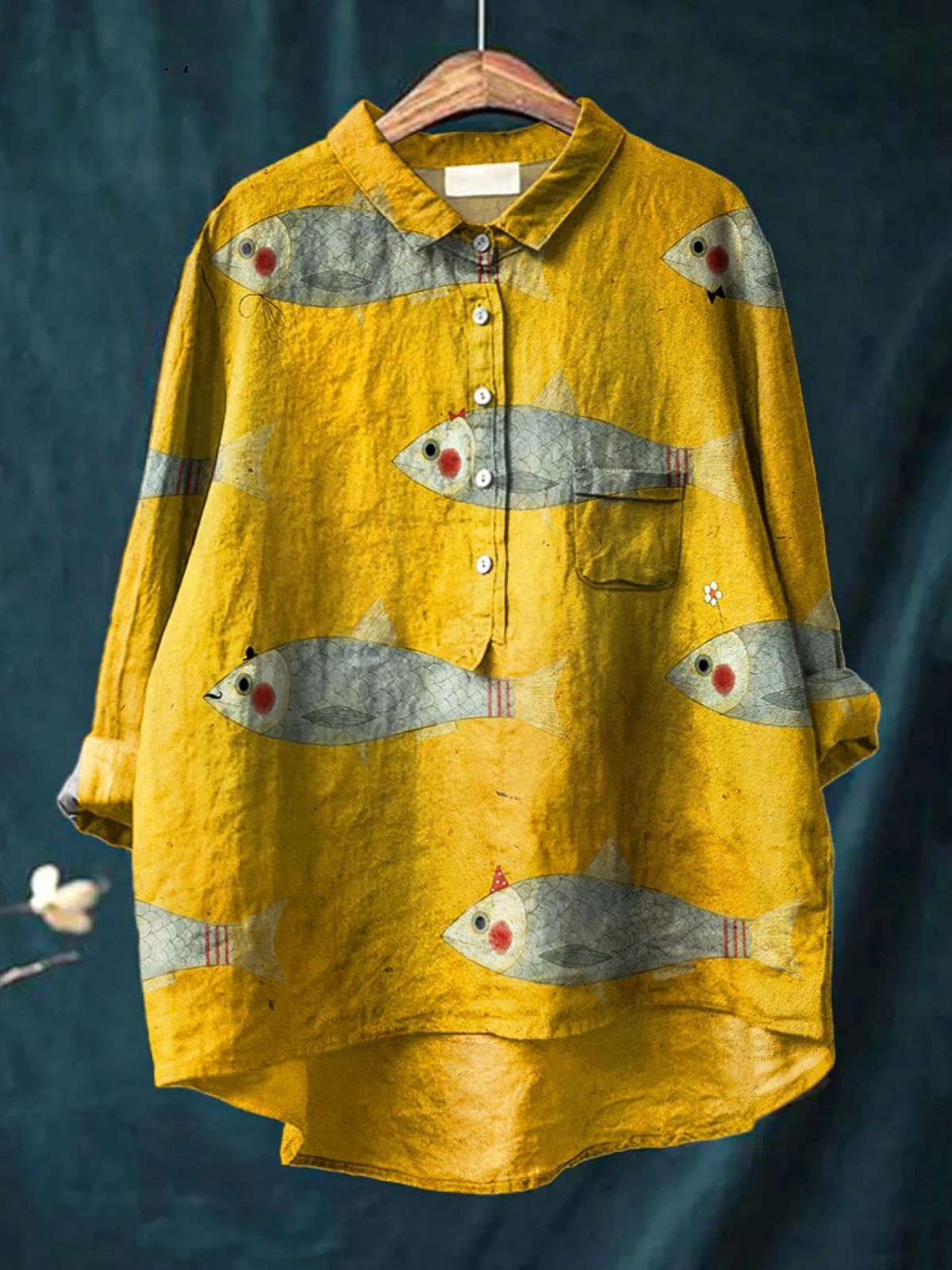 Martha | Vintage-Inspired Casual Blouse Featuring Fish Artwork