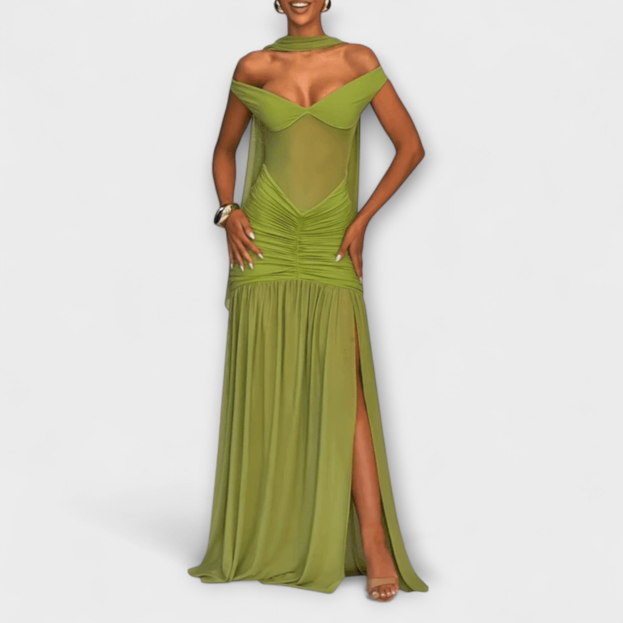 Nicole - Olive Green Maxi Dress with V-Neck