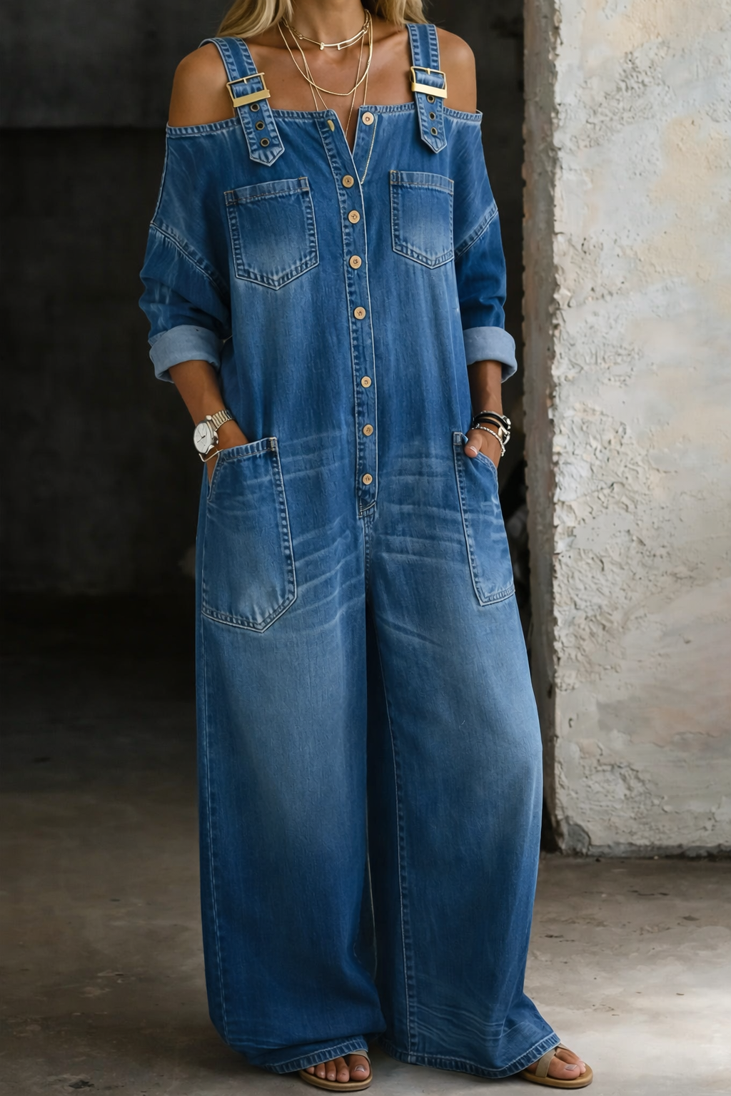 Isla - Off-the-Shoulder Denim Jumpsuit