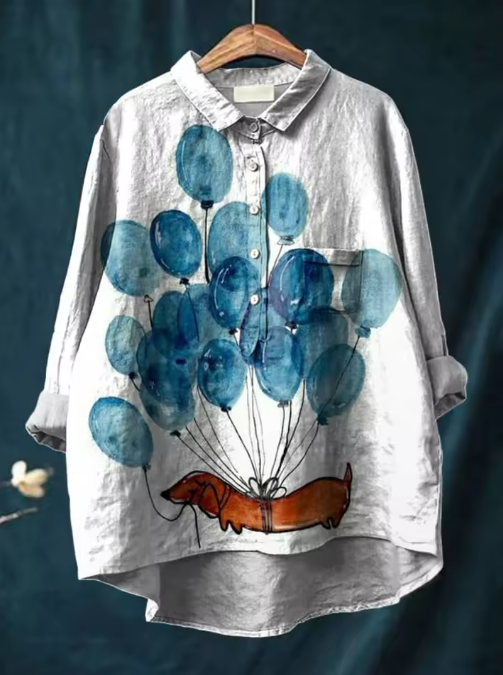 Ida | Casual Blouse Featuring Artistic Balloon and Dog Design