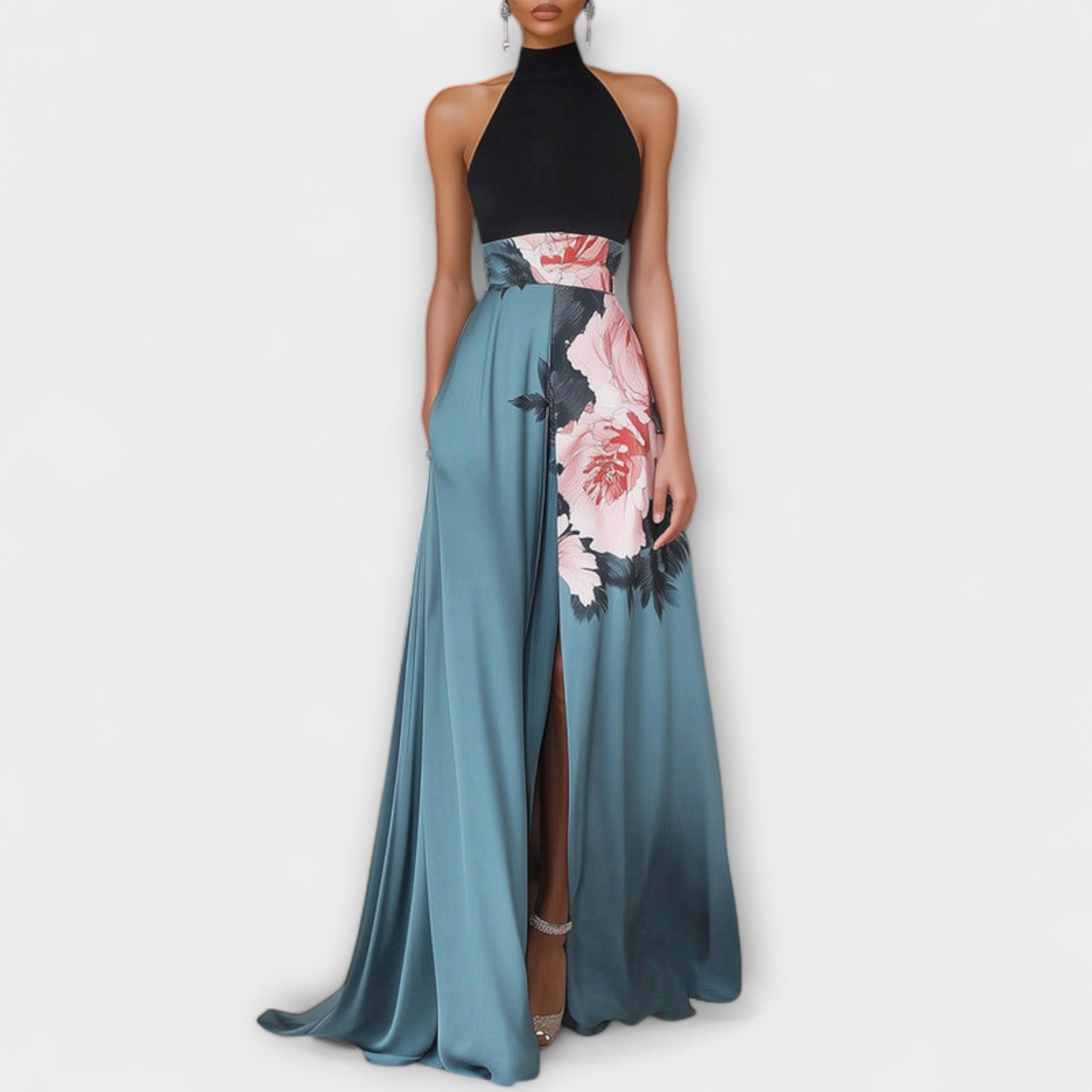 Natalie - Floral A-Line Maxi Dress with Sleeveless Round Neck