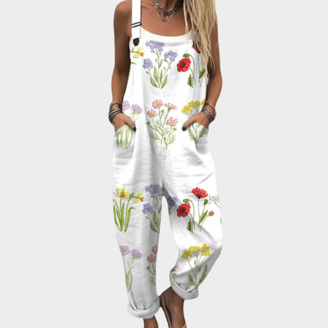 Comfortable Printed Dungarees, White