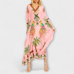 Linda - Off-Shoulder Dress with Asymmetrical Shoulder and Palm Print