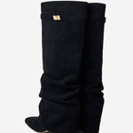 Celeste | Slouchy Fold-Over Knee-High Boots - Black
