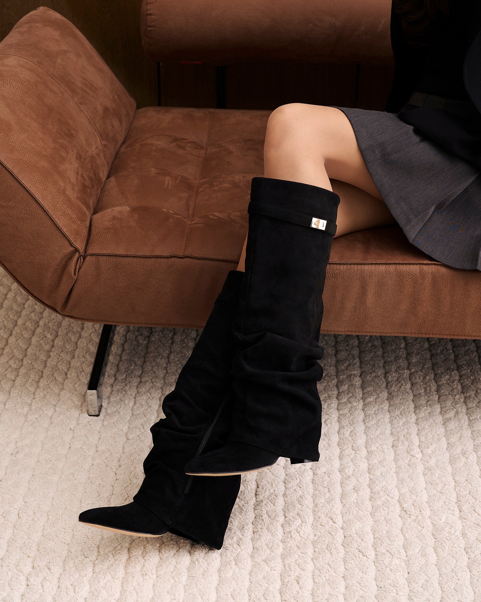 Celeste | Slouchy Fold-Over Knee-High Boots - Black