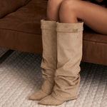 Celeste | Slouchy Fold-Over Knee-High Boots - Beige