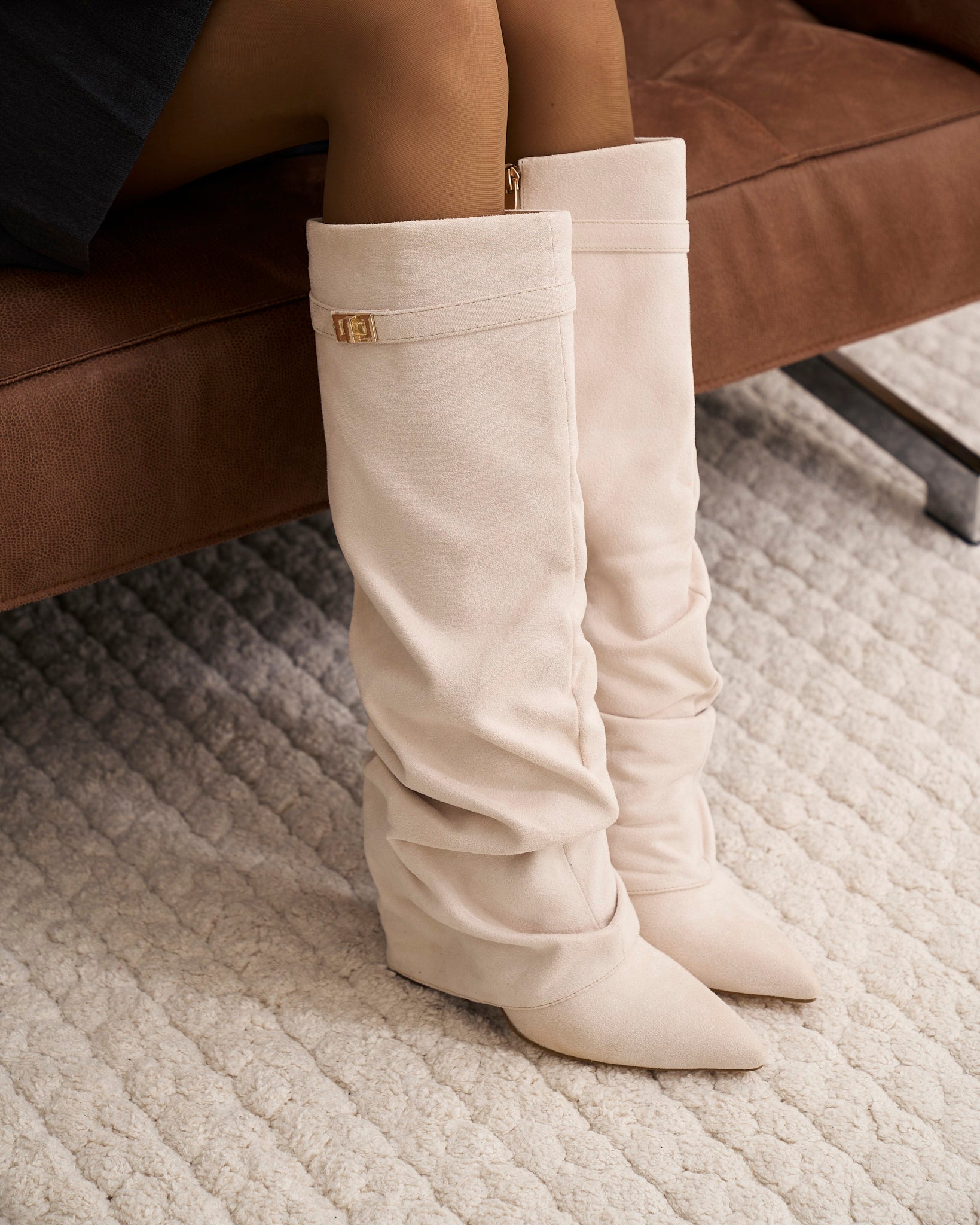 Celeste | Slouchy Fold-Over Knee-High Boots - Cream