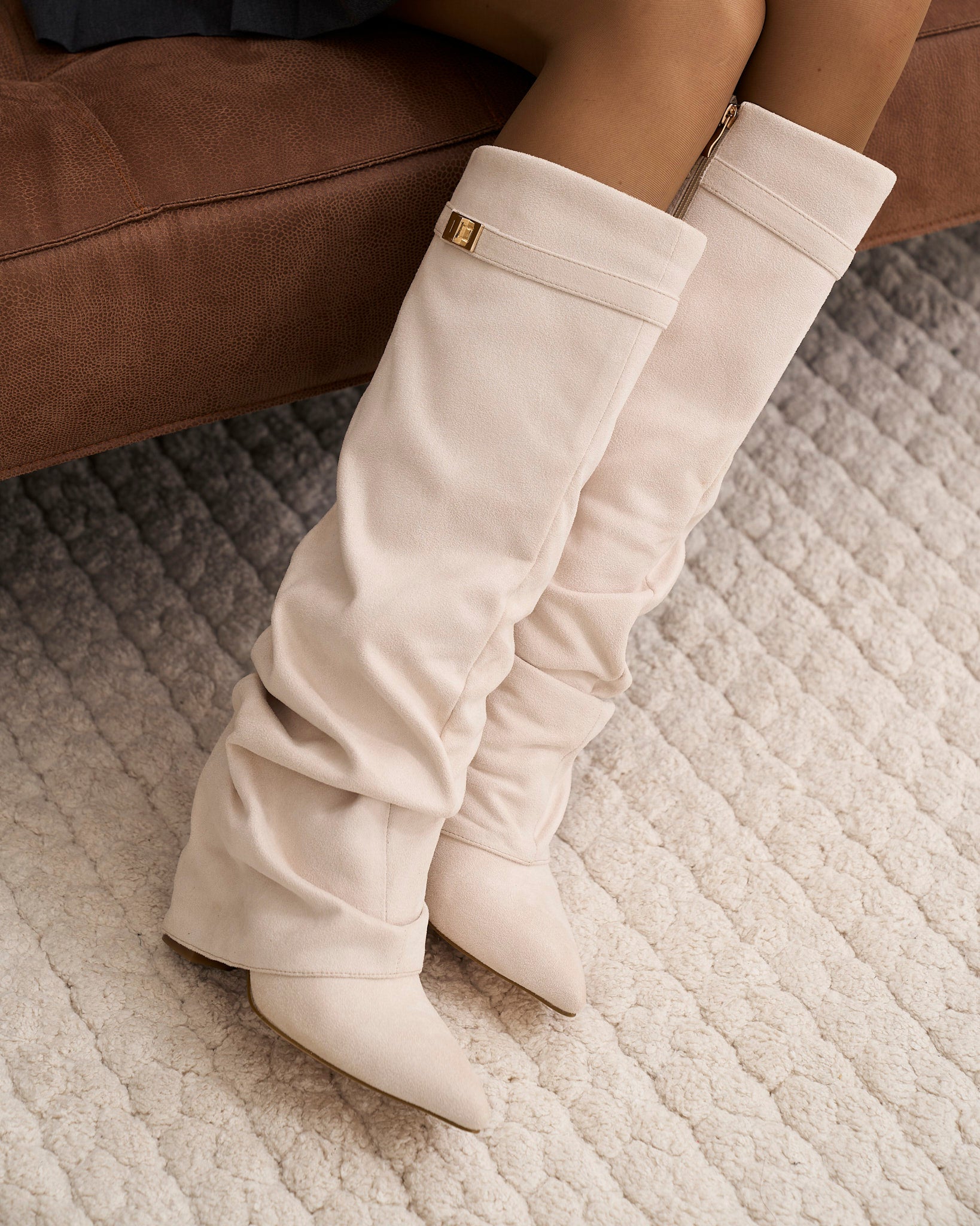 Celeste | Slouchy Fold-Over Knee-High Boots - Cream