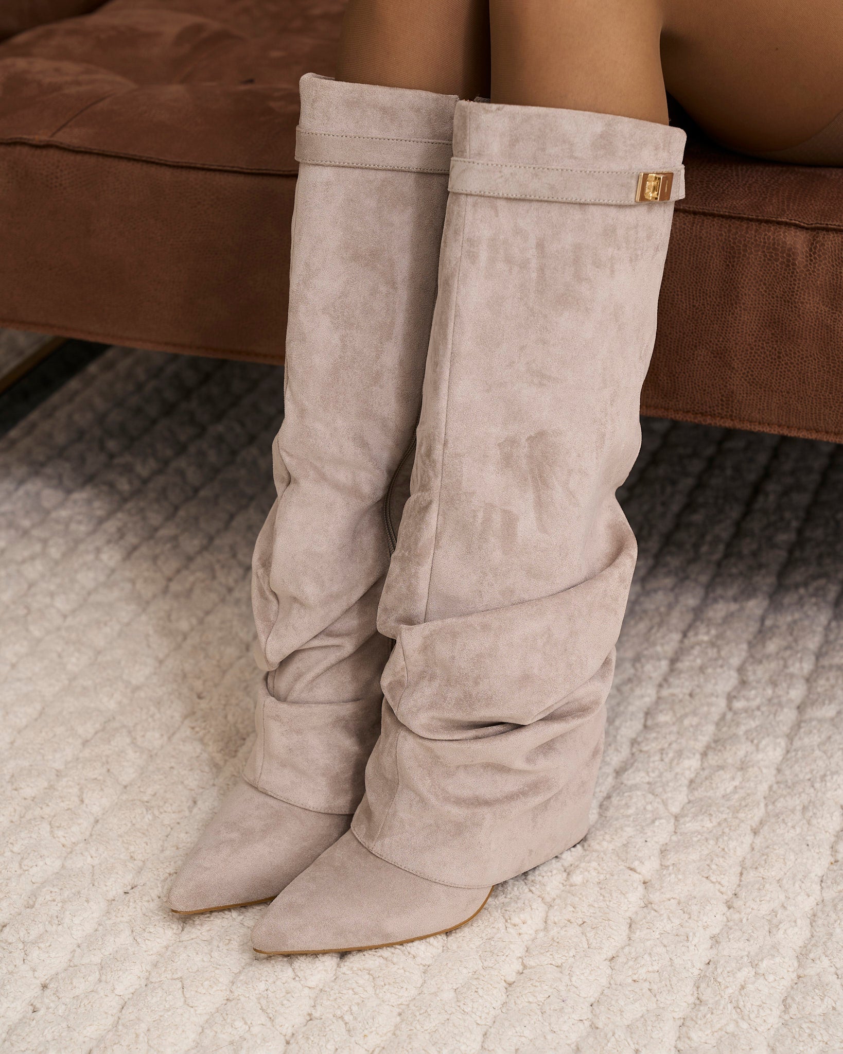 Celeste | Slouchy Fold-Over Knee-High Boots - Taupe