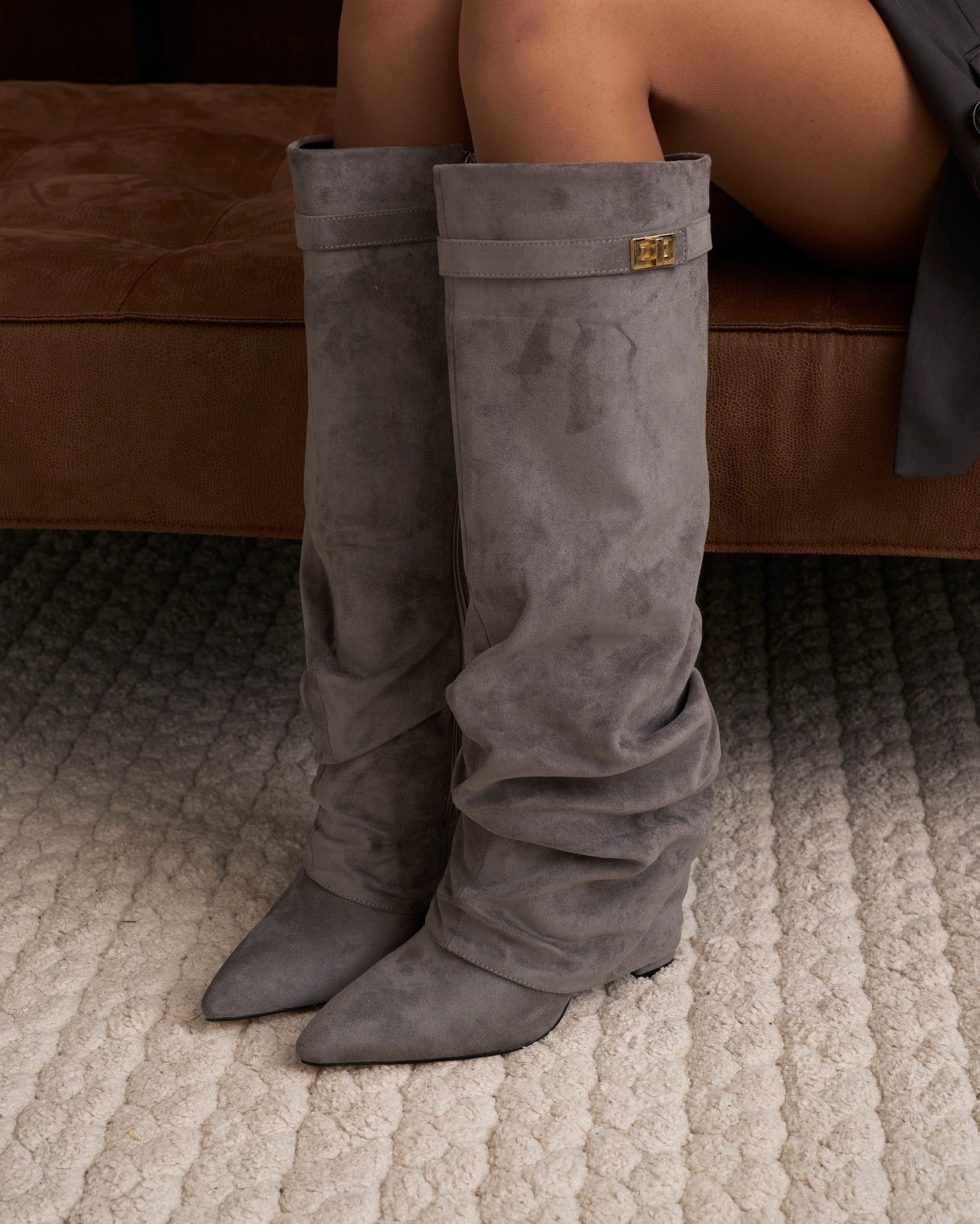 Celeste | Slouchy Fold-Over Knee-High Boots - Grey