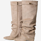 Celeste | Slouchy Fold-Over Knee-High Boots - Beige