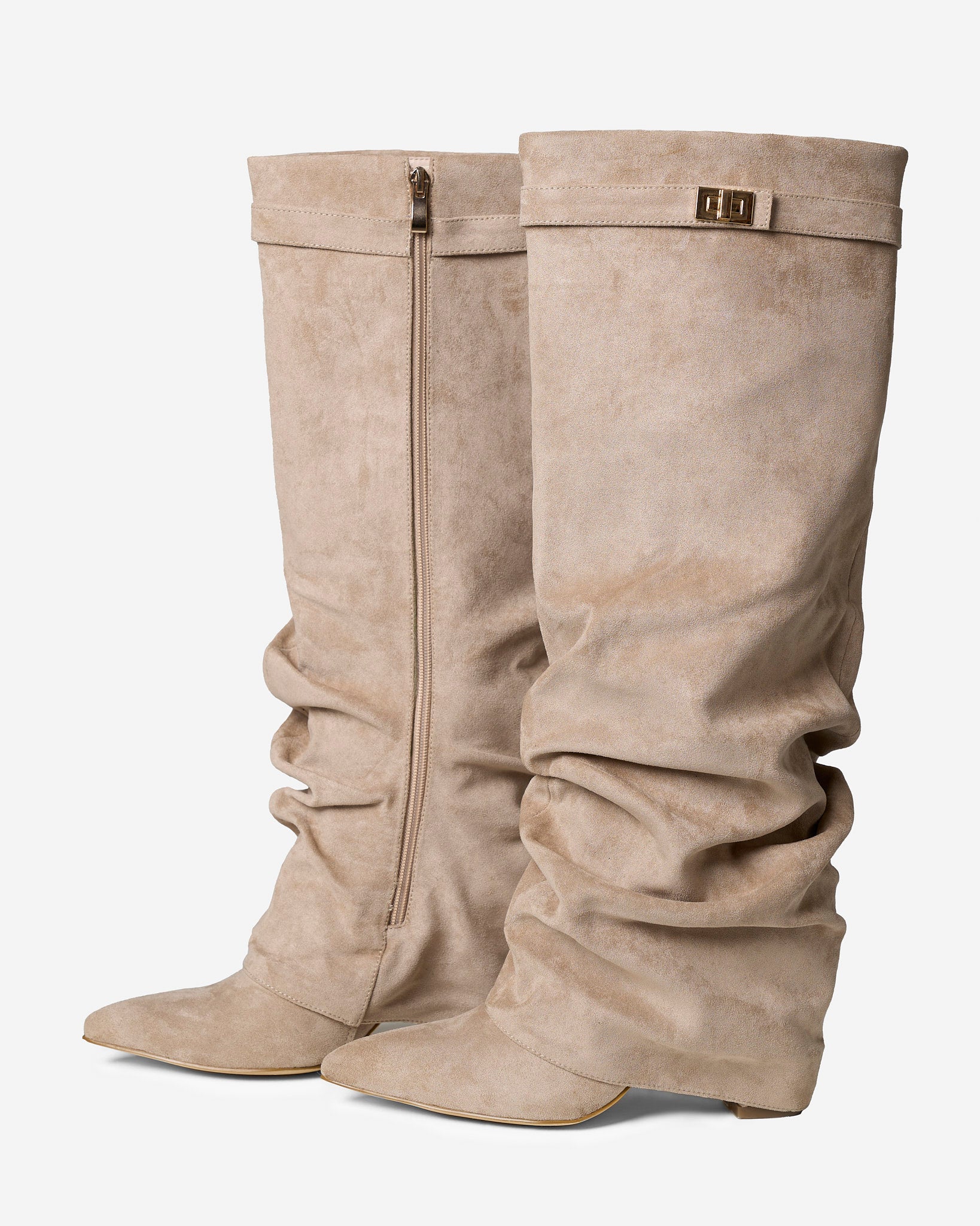Celeste | Slouchy Fold-Over Knee-High Boots - Beige