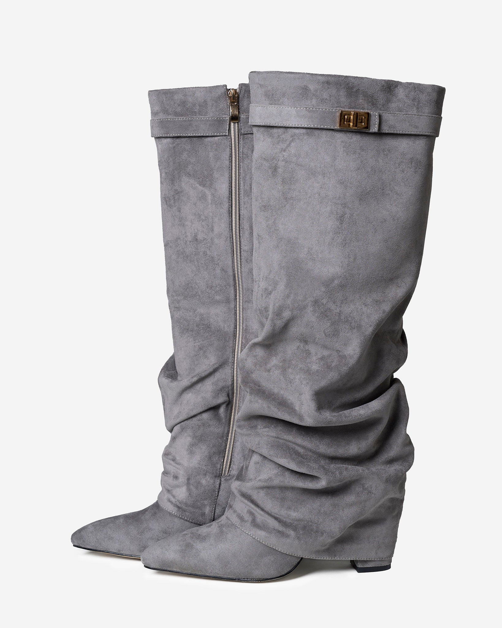 Celeste | Slouchy Fold-Over Knee-High Boots - Grey