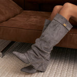 Celeste | Slouchy Fold-Over Knee-High Boots - Grey