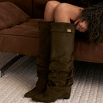Celeste | Slouchy Fold-Over Knee-High Boots - Olive Green