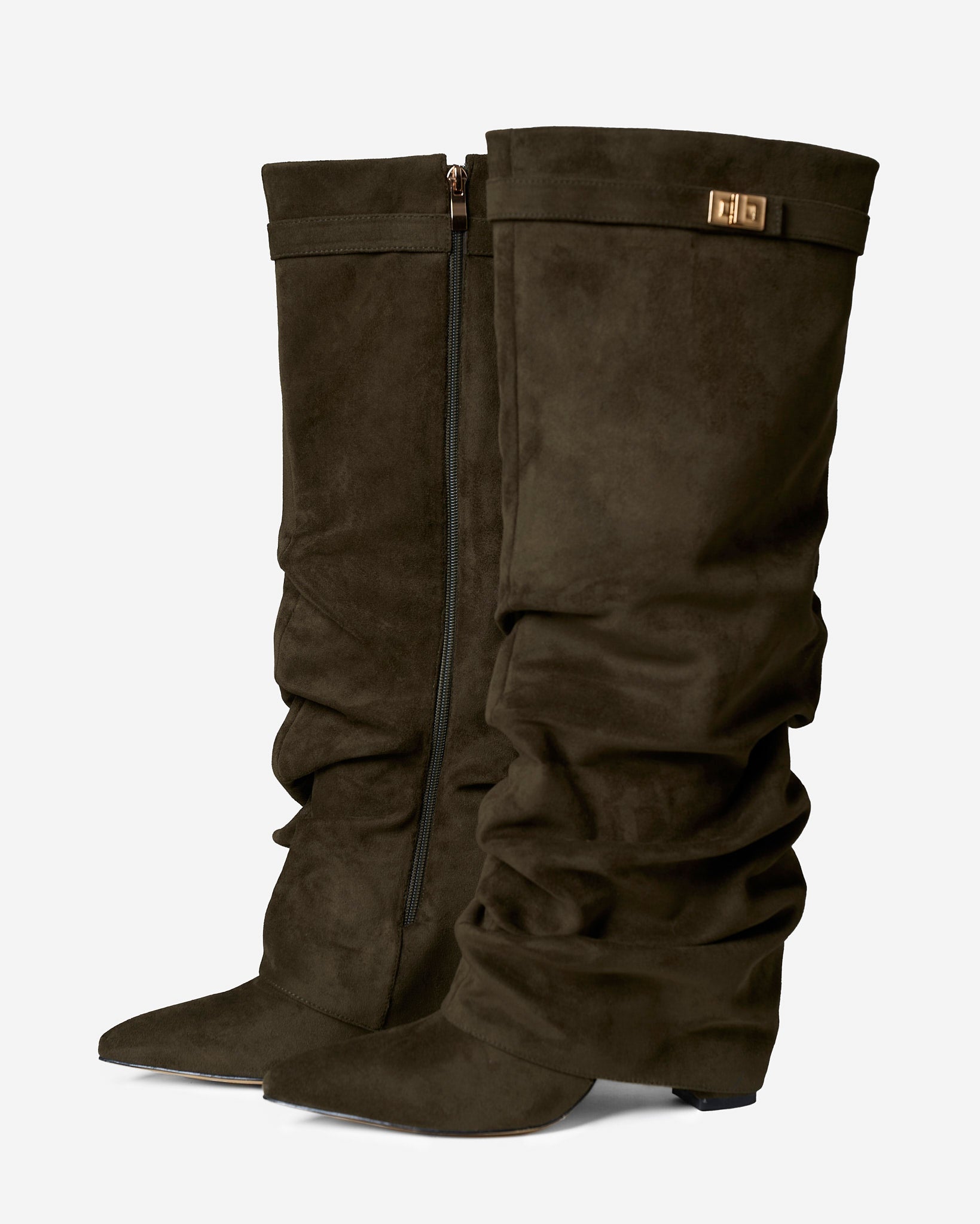 Celeste | Slouchy Fold-Over Knee-High Boots - Olive Green