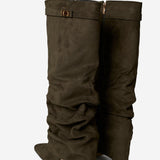 Celeste | Slouchy Fold-Over Knee-High Boots - Olive Green