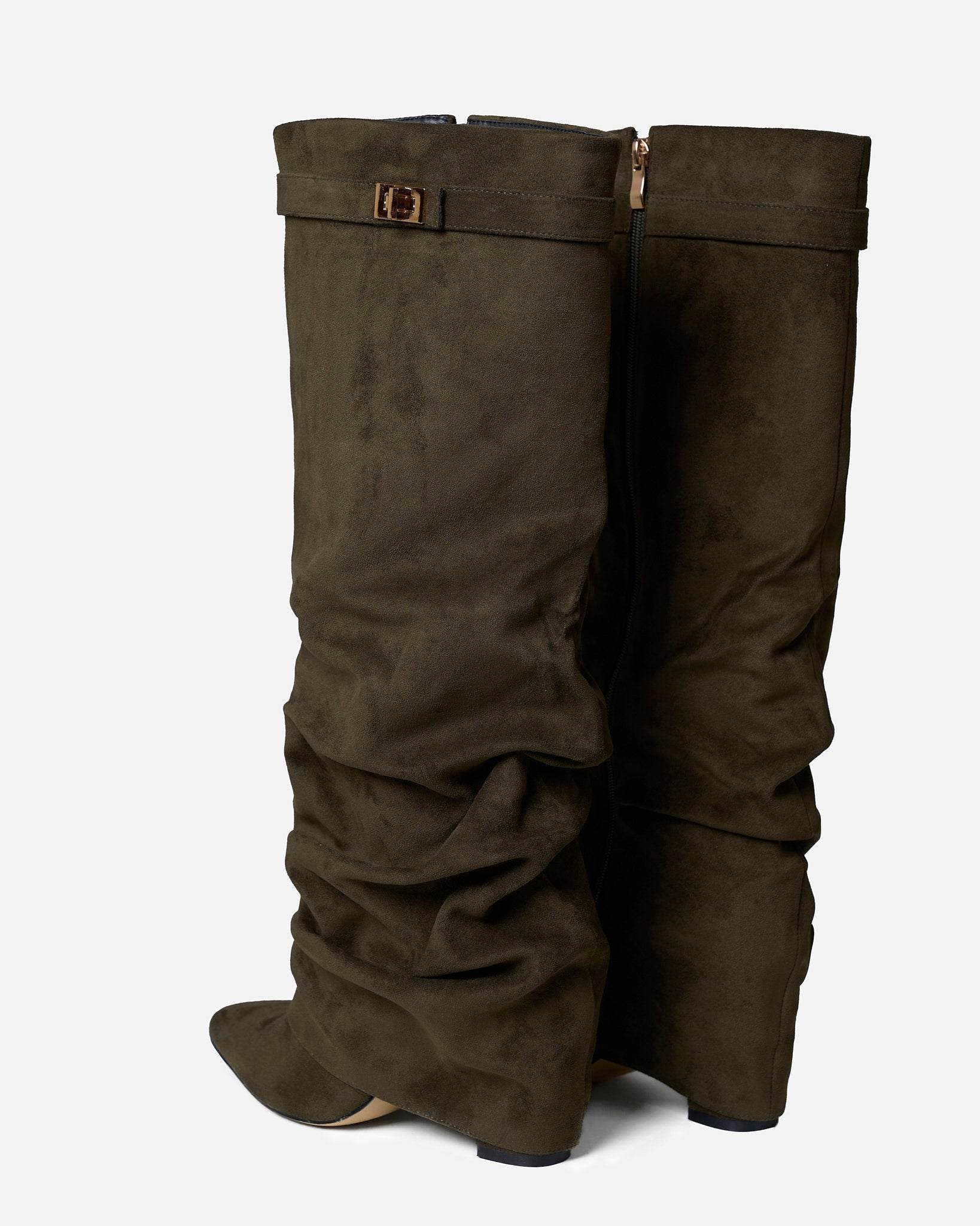 Celeste | Slouchy Fold-Over Knee-High Boots - Olive Green