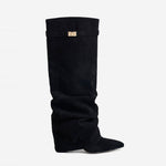 Celeste | Slouchy Fold-Over Knee-High Boots - Black