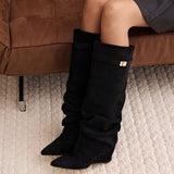 Celeste | Slouchy Fold-Over Knee-High Boots - Black