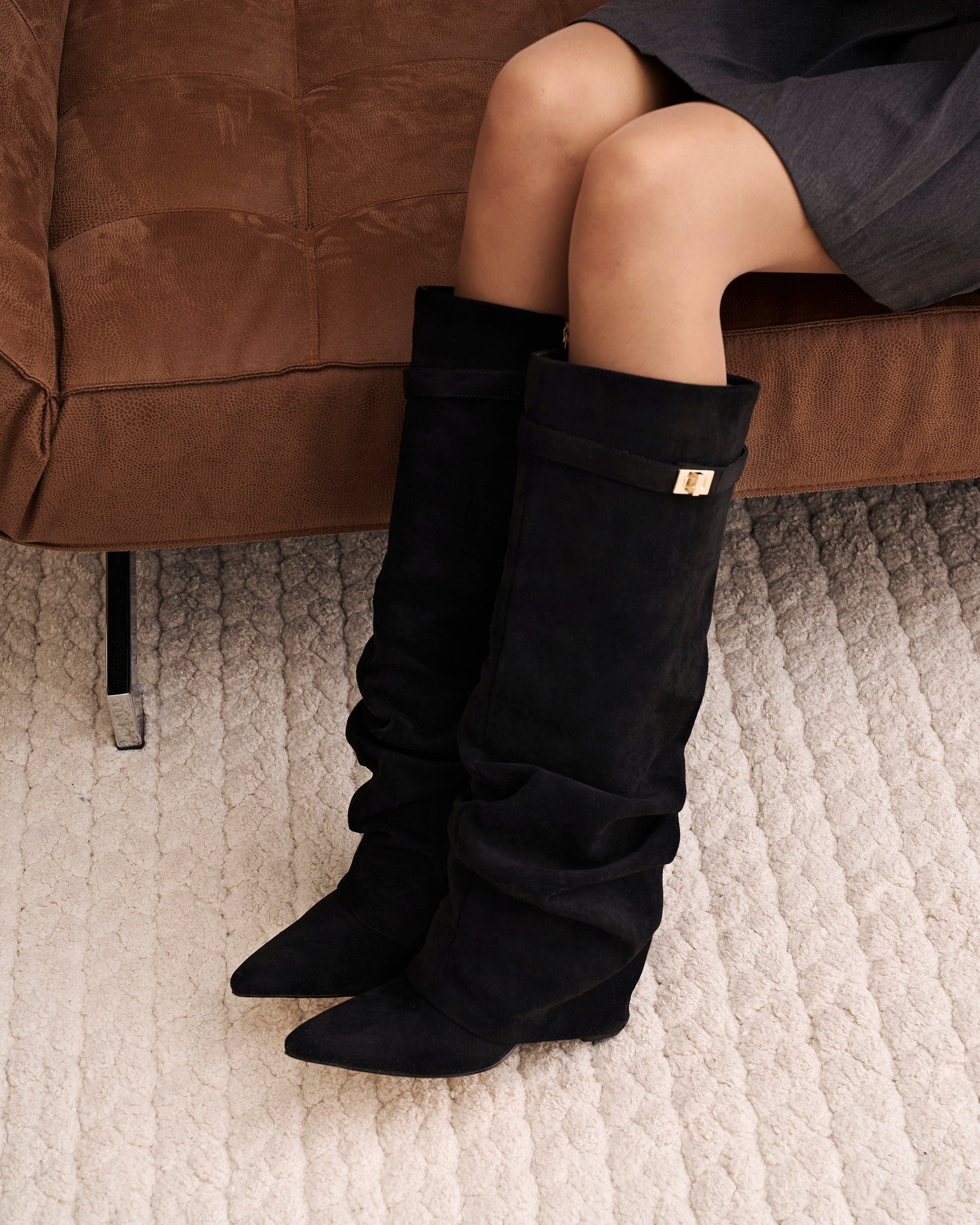 Celeste | Slouchy Fold-Over Knee-High Boots - Black
