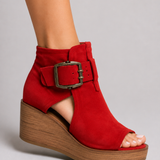 Frances Buckle Wedge Sandals - Red