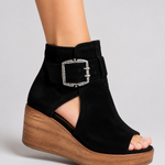 Frances Buckle Wedge Sandals - Black