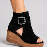 Frances Buckle Wedge Sandals - Black