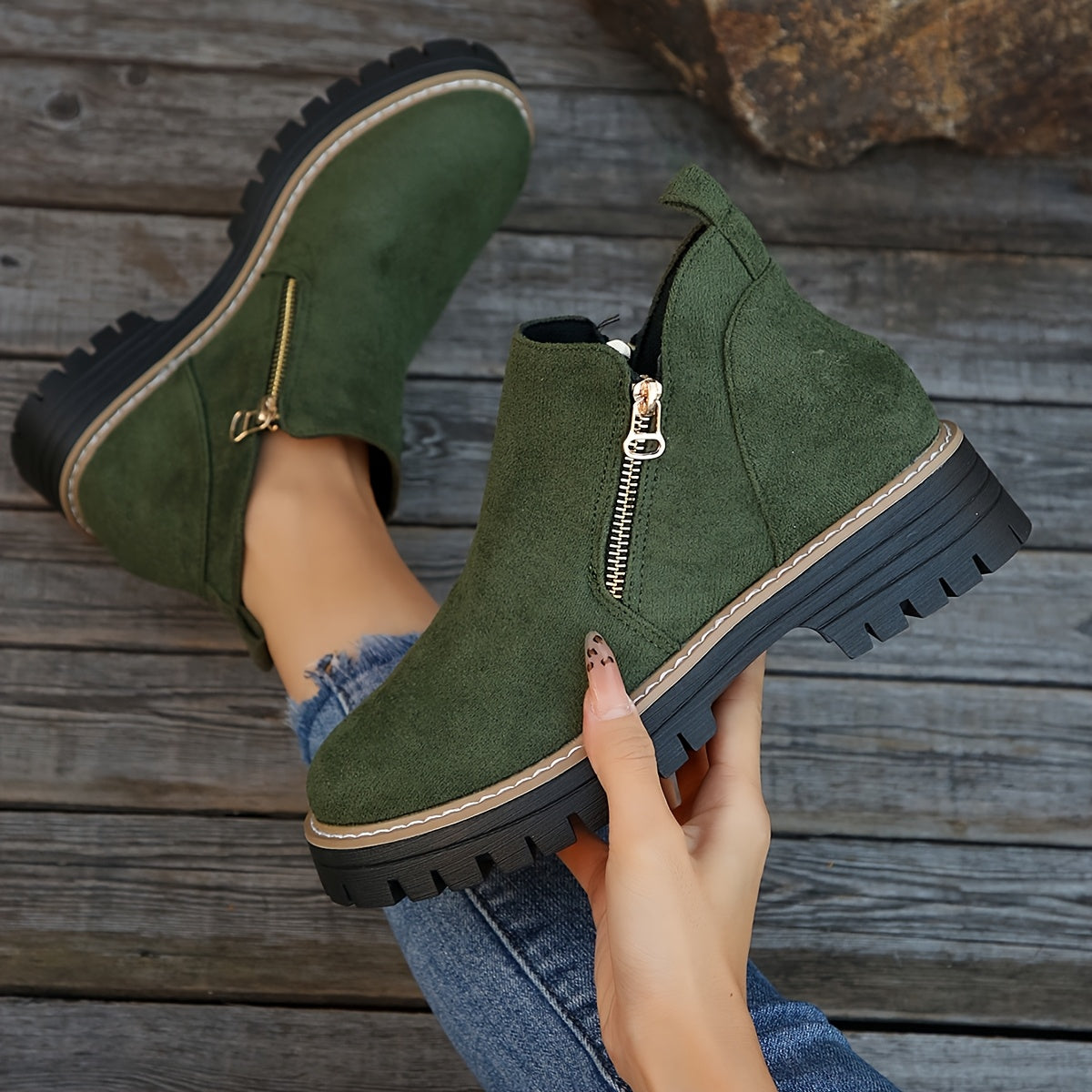 Kathleen Zip Ankle Boots - Green