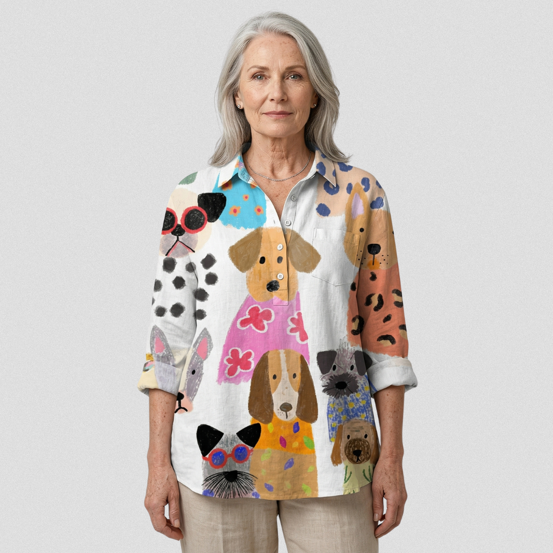 Ida | Fun Casual Blouse Featuring Vibrant Cartoon Dog Design