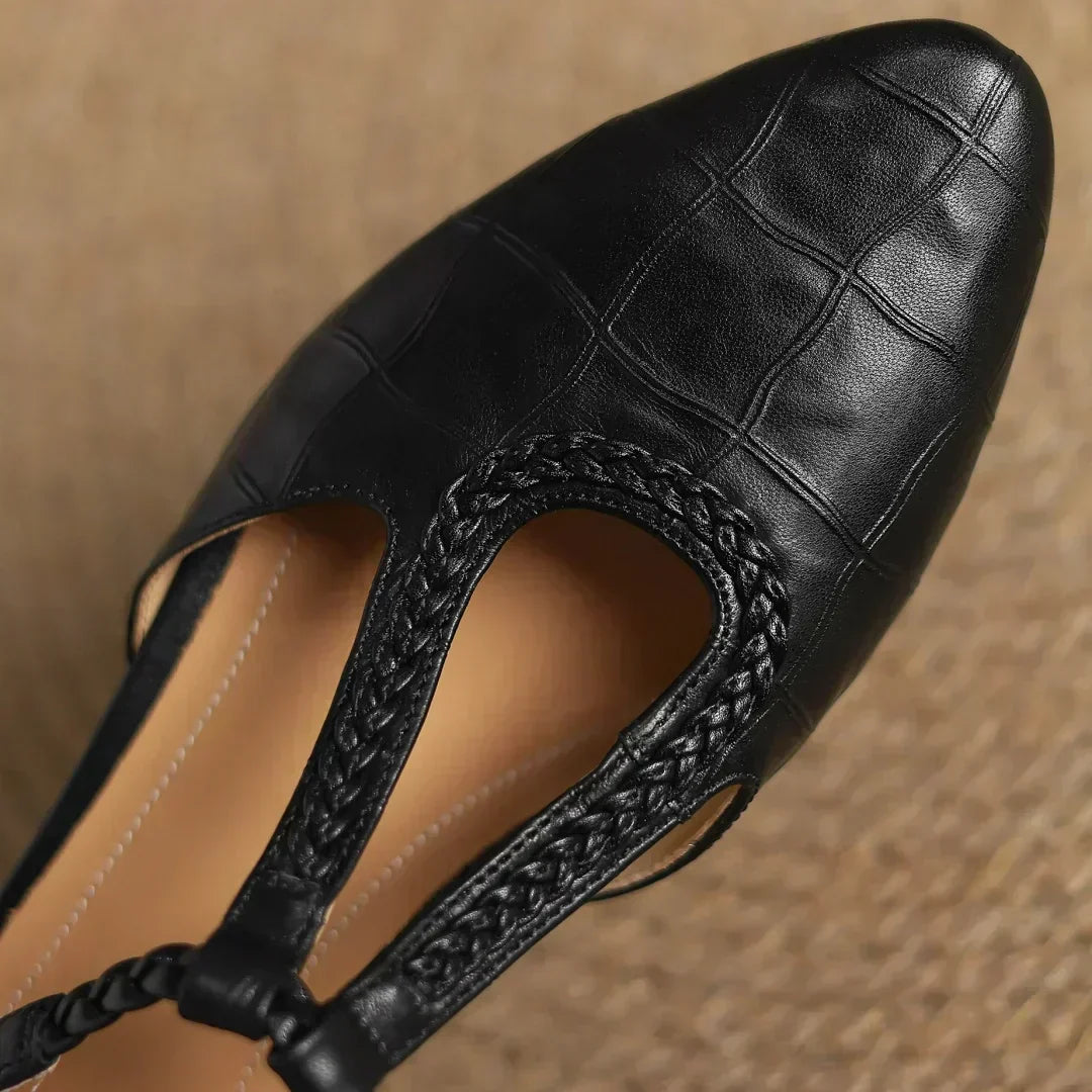 Peony T-bar shoes worn with a dress