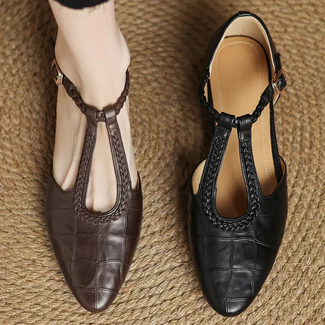 Peony T-bar shoes, pair seen from above